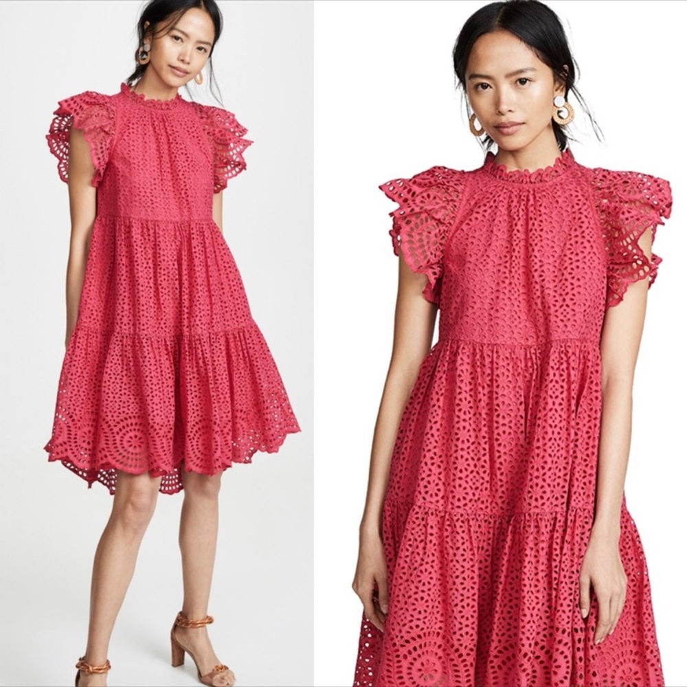 Ulla Johnson Norah Pink Eyelet Tiered Ruffle Dress Sz 4